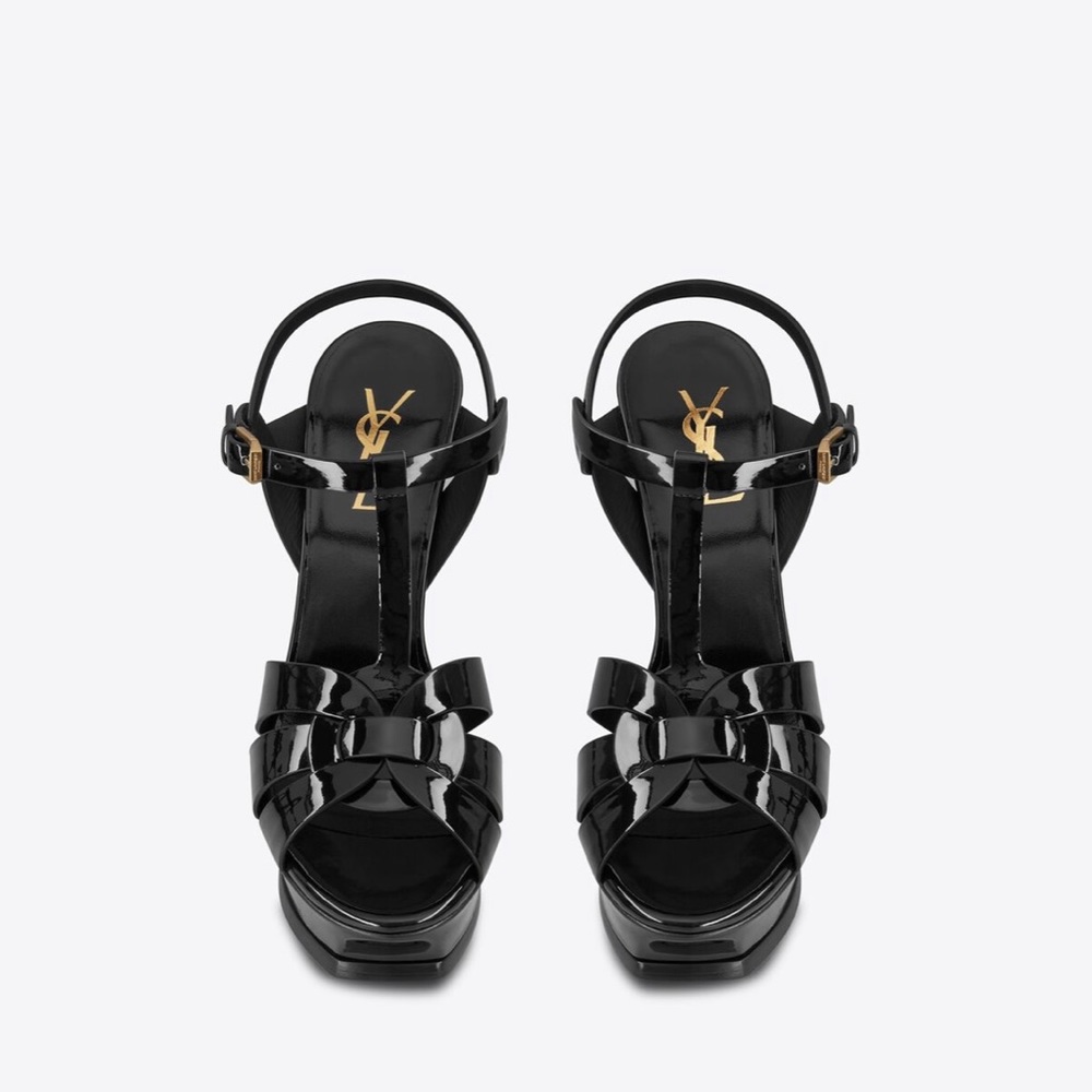 YSL Tribute Platform Sandals Black Patent Leather
